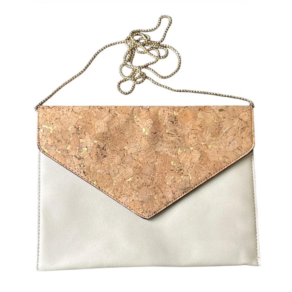 STREET LEVEL Cream Faux Leather NATURAL CORK Envelope Clutch CROSSBODY BAG CHAIN